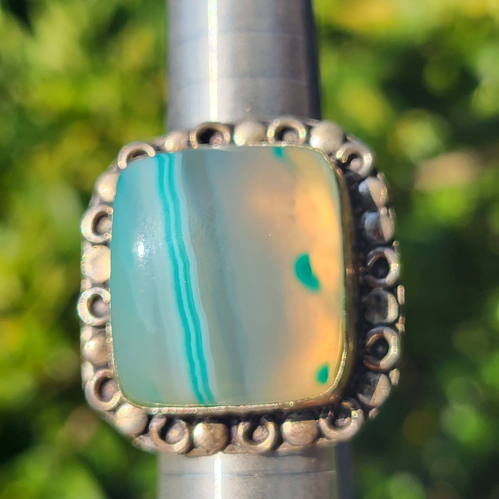 Vintage 925 Sterling Silver Agate Statement Ring S 7.75 Blue White Banded Square
